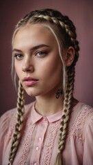 Wall Mural - A woman with long, braided hair is wearing a pink shirt