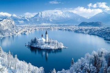 Wall Mural - A stunning winter landscape with a tranquil lake surrounded by snow-covered mountains. The island features a beautiful church. Perfect for travel and nature themes. Generative AI.