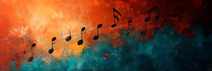 a painting of musical notes on a red and blue background