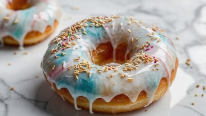 A chocolate donut with rainbow sprinkles on top