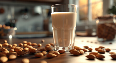 Poster - A glass of almond milk, surrounded by almonds on a kitchen table. Generative AI.