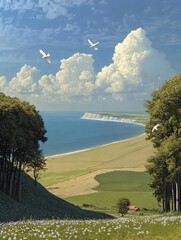 Poster - A painting of a landscape with a view of the ocean and birds flying over it