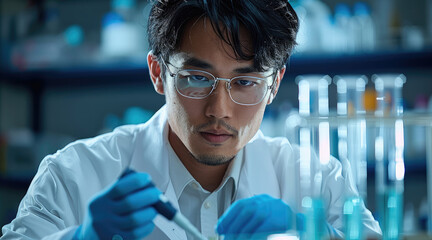 Aufkleber - Asian Chinese lab chemist doing a lab test using high tech equipment. Generative AI.