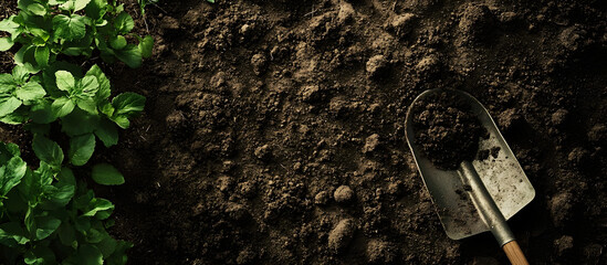 Poster - A garden bed in a farm setting displays soil texture with a shovel and copy space image symbolizing organic farming gardening and agriculture