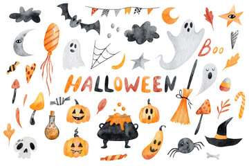 collection of halloween elements in cartoon style. ghost, pumpkins, autumn leaves, mushrooms, skulls