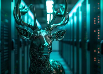 silver reindeer in a server room, data center with green neon lights, background banner for christmas