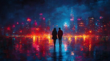 A painting of two people walking in the rain at night