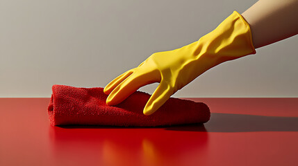 A hand in yellow rubber gloves wiping a surface with a red cloth.