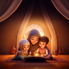 Muslim reading quran architecture lighting cartoon.