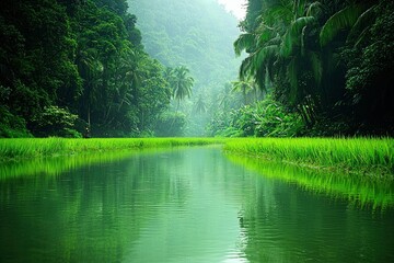 Poster - Tranquil River Flowing Through Lush Green Jungle