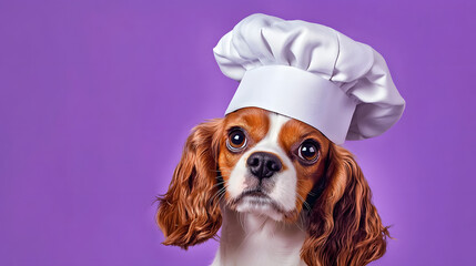 Wall Mural - Spaniel in a chef's hat on an purple background, place for your text, banner.