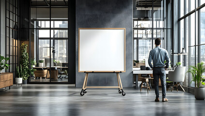 Wall Mural - Whiteboard on wheels in a modern office interior, a mockup of a whiteboard with a black frame standing in the middle of an open space office with glass walls.