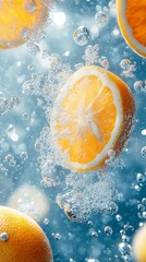 Sticker - A close up of an orange falling into the water with bubbles