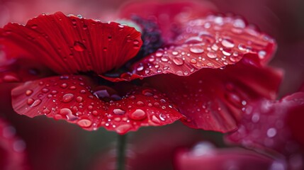 Wall Mural - Close-up of a blooming red poppy with water droplets 