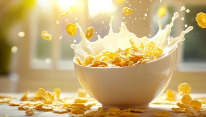 Wall Mural - Dynamic Cornflakes and Milk Splash: Creative Food Marketing Background for Snack Promotions, Seasonal Sales, and Nutritional Campaigns. Vibrant Abstract Design for Posters, UI, Web, and Graphic Projec