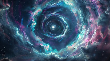 Canvas Print - A cosmic nebula view with swirling gas clouds in turquoise, magenta, and silver, framing a massive black hole at the center