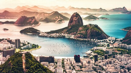 A breathtaking view of Rio de Janeiro's Sugarloaf Mountain, with the cityscape and ocean in the background, capturing the iconic landscape of Brazil.