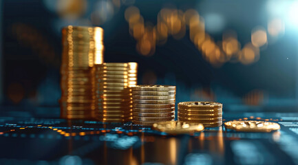 Poster - An investment course featuring golden coins and a rising profit graph on a blue background. The coins appear to be increasing in value, while the profit graph shows a steady upward trend.