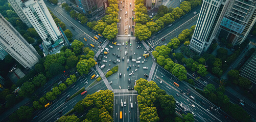 Poster - A modern urban development with high-tech transportation systems and energy, efficient infrastructures. Aerial high view. Generative AI.