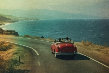 Poster - Vintage red car, road trip, vintage vibes grain design