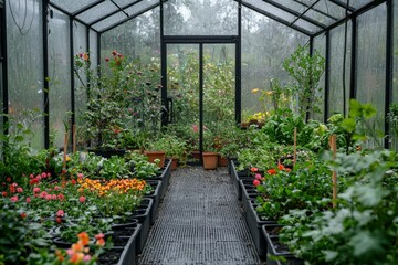 Greenhouse Garden Under Rainy Sky with Flowers and Plants