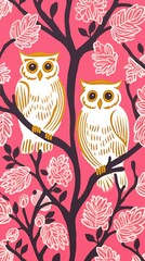 Canvas Print - Gold pink silver owls pattern drawing nature line.