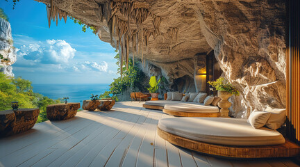 Wall Mural - Cave homestay, homestay interior, cave, homestay observation deck, natural background. Generative AI.