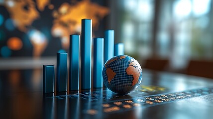 A bar chart and globe on a desk represent global business growth, blending analytics with a world view.