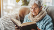 © IllustrateMuse - Elderly woman reading book in cozy living room with natural light