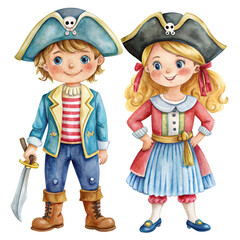 Wall Mural - Two cute pirate kids, a boy holding a sword and a girl with her hands on her hips, wearing traditional pirate outfits, symbolizing adventure, childhood, seafaring, bravery, and imagination.