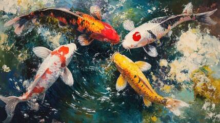 A group of Koi carps feeding at the water's surface, their colorful bodies creating a vibrant display against the calm pond.