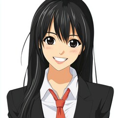 Poster - A cheerful high school girl with long black hair, sporting a stylish blazer uniform and a bright smile against a white backdrop.