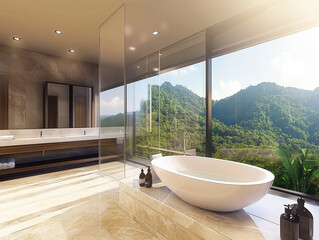 Wall Mural - Luxury polynesian style bath room. Mountain forest view outside the window. Spacious bath tub.