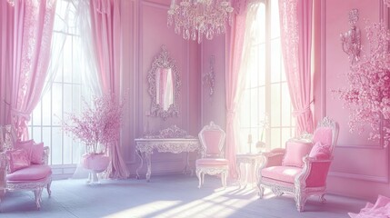 A luxurious pink room fit for a princess, featuring a crystal chandelier, ornate furniture, and soft, pastel decor elements, exuding elegance and charm.