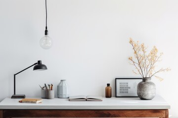 Poster - Eclectic Interior Design Style of a working room furniture table lamp.