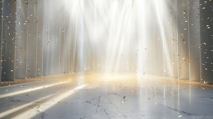 Leinwandbilder - A pure white concert venue. Rays of light. Golden confetti falling. Generative AI.