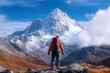 © 1000lnw - A hiker gazes at a majestic snow-capped mountain under a clear blue sky, embodying adventure and the beauty of nature.
