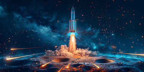 Poster - Abstract futuristic blue background with glowing arrows pointing upwards and a rocket taking off. Vector illustration symbolizing stock market growth or business success.