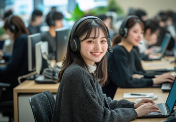 Wall Mural - A group of young Japanese office workers wearing headsets, smiling and working on laptops in an open-plan setting