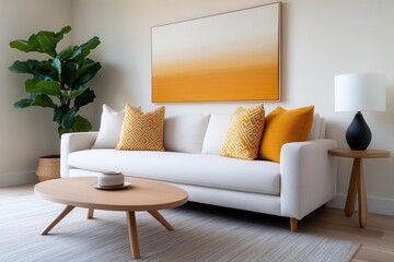 A modern living room featuring a stylish white sofa with yellow pillows, a wooden coffee table, and decorative art.