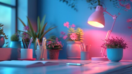 Poster - Desk with a Pink Lamp and Plants in a Blue and Pink Room