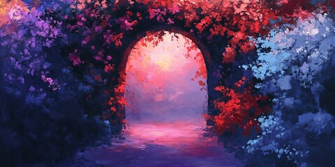 Canvas Print - A painting of a flowery archway with a pink and purple background