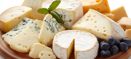 White plate with a variety of cheeses and crackers. The cheeses are cut into slices and arranged on the plate. The crackers are scattered around the plate