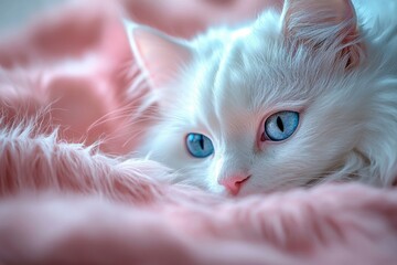 Poster - A Close-Up of a White Cat's Face with Blue Eyes