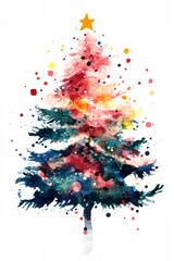 Wall Mural - A Christmas tree with a star on top and red and gold ornaments