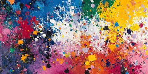 Poster - A vibrant abstract painting of splattered paint in bold, contrasting colors, with a textured finish that adds depth and complexity. 