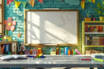 Sticker - Sunny Classroom Interior with Whiteboard and Bookshelf