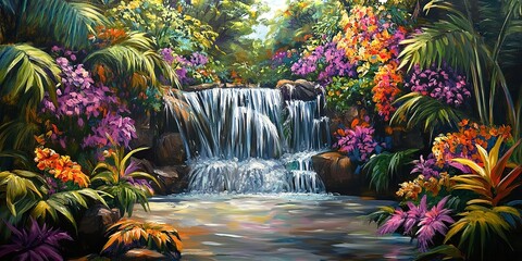 Sticker - A painting depicting a cascading waterfall surrounded by vibrant flowers in a tropical setting, A cascading waterfall surrounded by tropical plants and vibrant blooms 