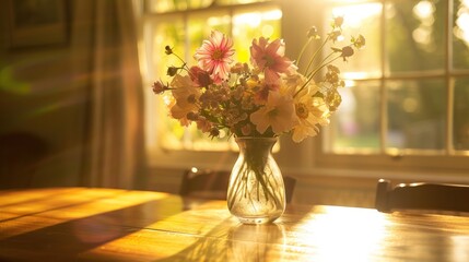 Canvas Print - Sunlight Illuminates a Vase of Flowers on a Wooden Table