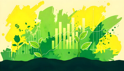 Green Sprouts Growing with Financial Charts and Dollar Signs